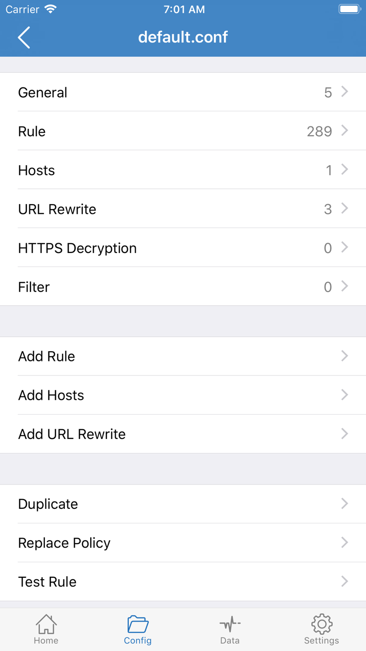 Shadowrocket 官方 Config 設定編輯頁面，顯示 General、Rule、Hosts、URL Rewrite、HTTPS Decryption 與 Add Rule