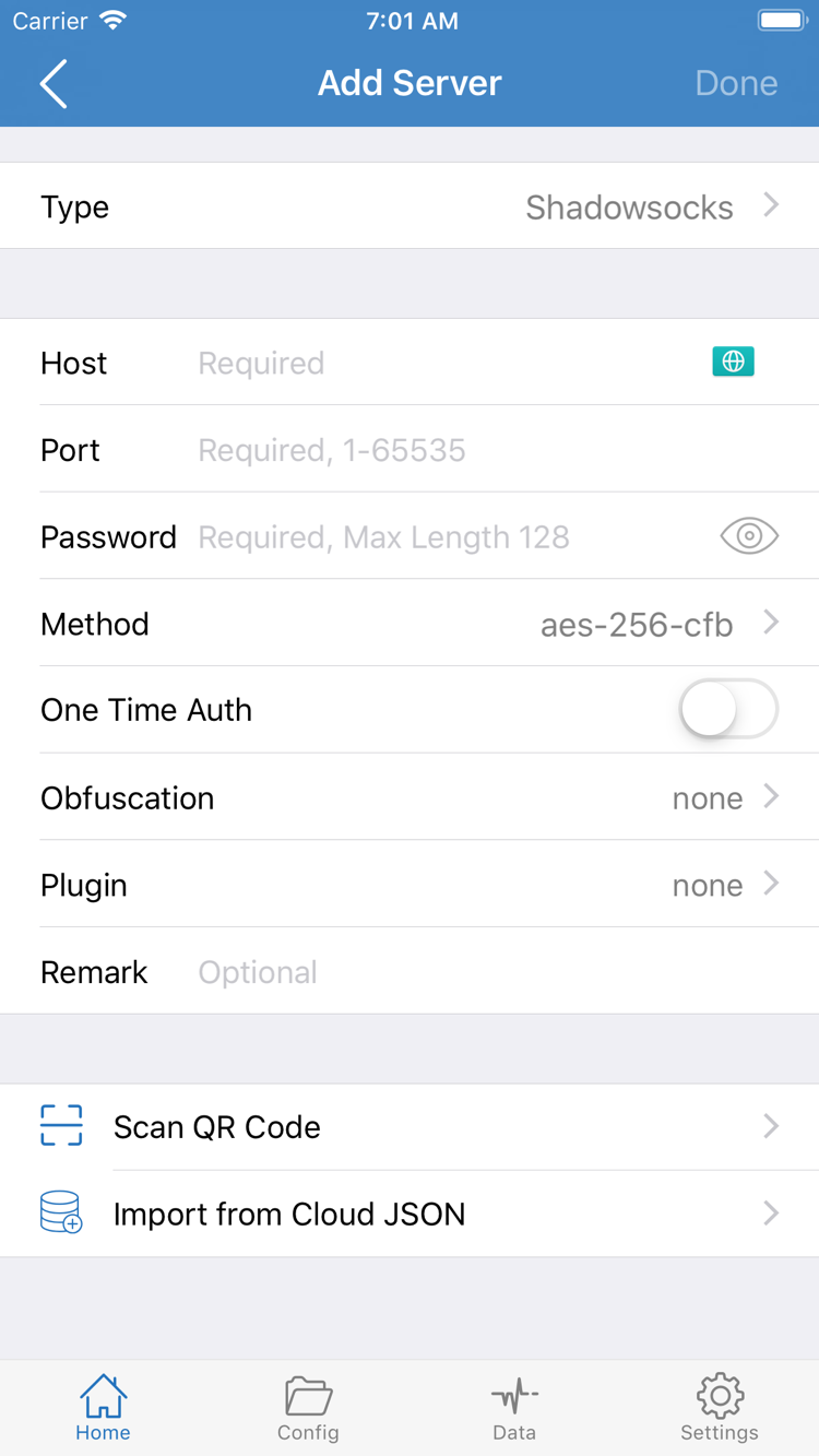 Shadowrocket 官方 Add Server 頁面，顯示 Type、Host、Port、Password、Method 及匯入入口