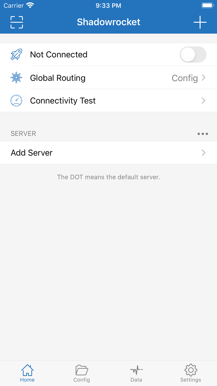 Shadowrocket 官方 Home 頁面，頂端顯示 Not Connected、Global Routing 與 Connectivity Test，下方為 SERVER 分組及 Add Server