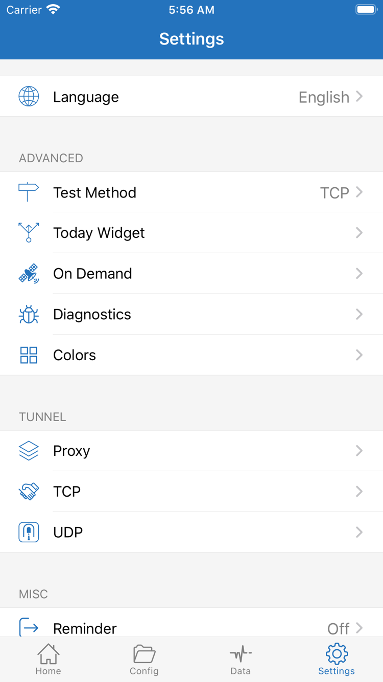 Shadowrocket 官方 Settings 頁面，顯示 Language、Test Method、Today Widget、On Demand、Diagnostics、Proxy、TCP 與 UDP